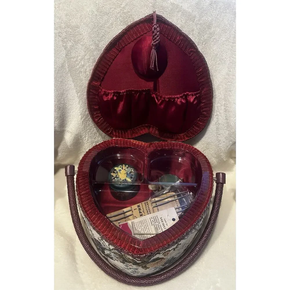 Heart Sewing Basket Notions Vintage Granny Chic Floral Red Collector Crafts Lot